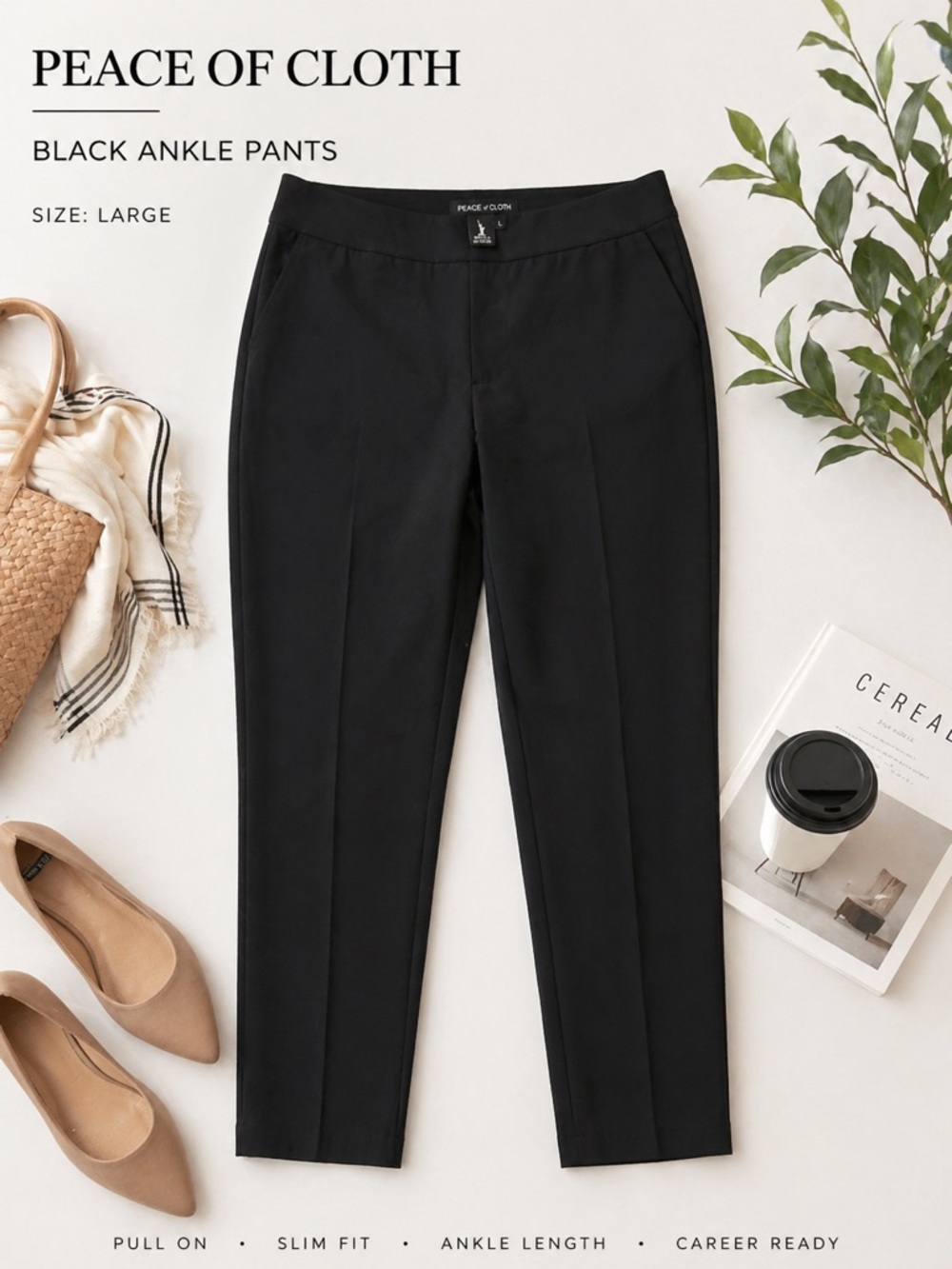 Peace of Cloth Black Ankle Pants Large Pull On Slim Stretch Career Trousers